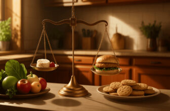 food on a scale, shows a balance between healthy and unhealthy foods