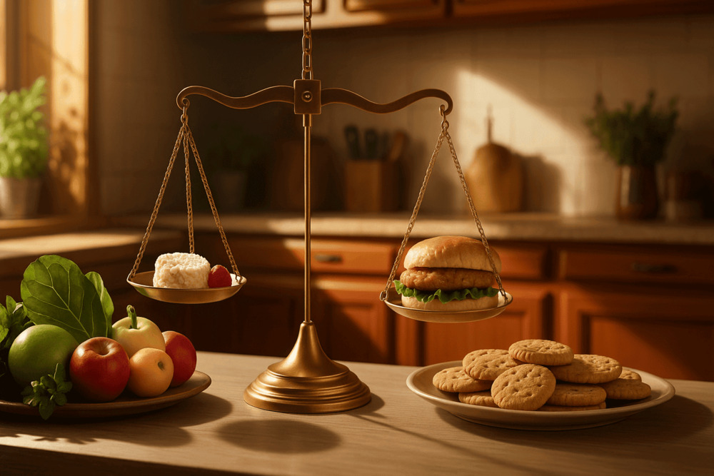 food on a scale, shows a balance between healthy and unhealthy foods