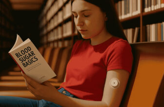A young woman is reading a book on Blood Sugar Basics in a library setting.