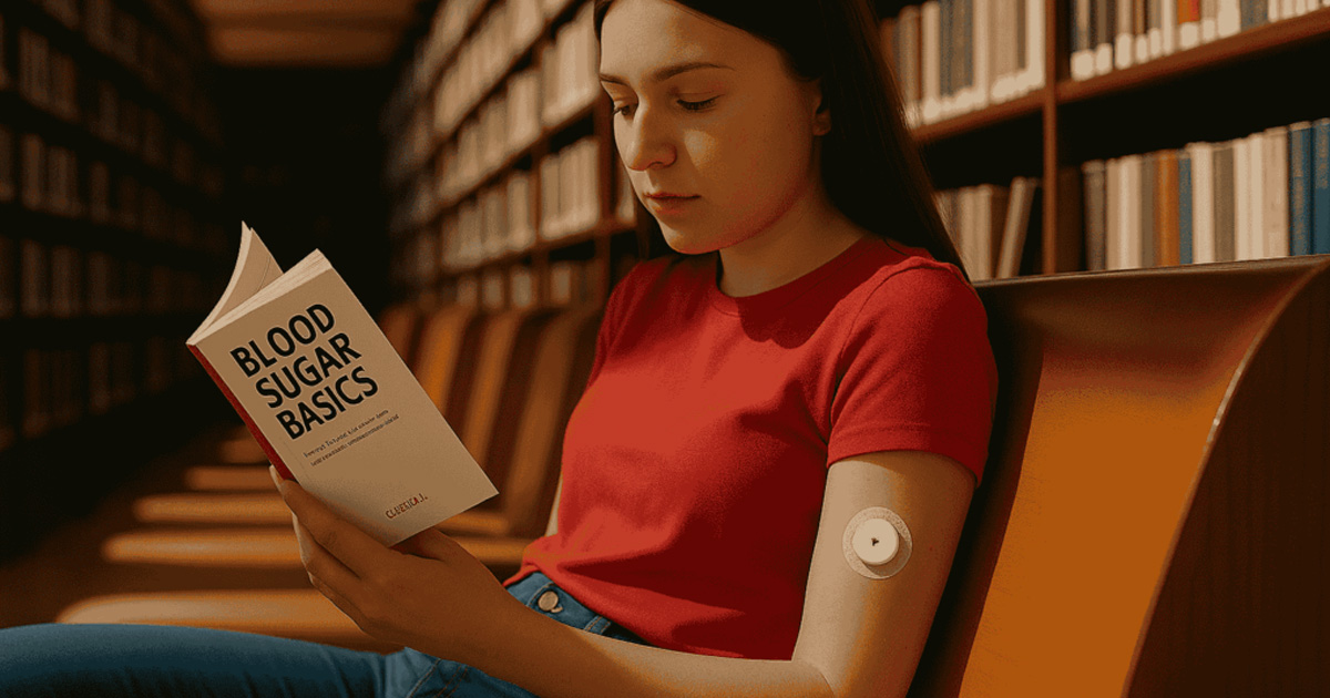 A young woman is reading a book on Blood Sugar Basics in a library setting.